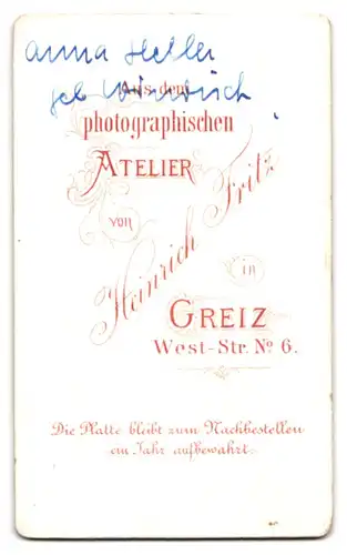 Fotografie Heinr. Fritz, Greiz, junge Frau Anna Heller im Kleid mit Schleife