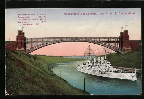 AK S.M.S. Deutschland passiert die Hochbrücke bei Levensau