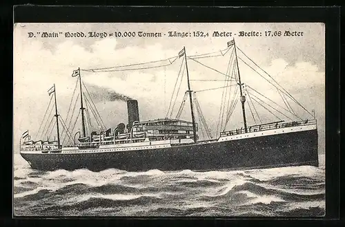 Künstler-AK Passagierschiff Main des Nordd. Lloyd auf Steuerbord