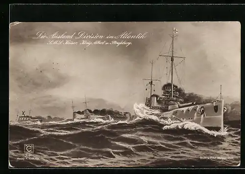 Künstler-AK SMS Kaiser, König Albert und Strassburg im Atlantik