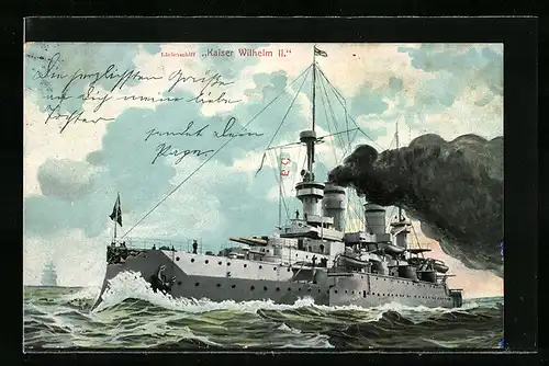 Lithographie Linienschiff Kaiser Wilhelm II. in voller Fahrt