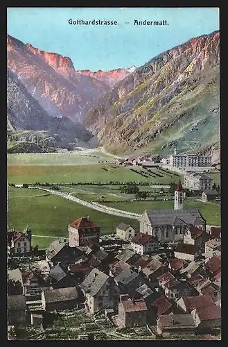 AK Andermatt, Ortsansicht von oben mit Gotthardstrasse