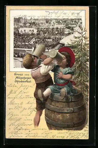 AK München, Knaben trinken aus Bierkrügen, Festgelände