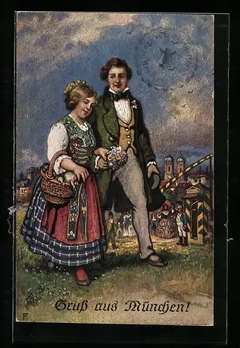 Künstler-AK München, Oktoberfest 1922, Paar in Tracht mit Blumen, Im Hintergrund Kirche