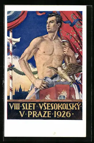 AK Prag, Mann mit Degen und Adler, Sokol 1926