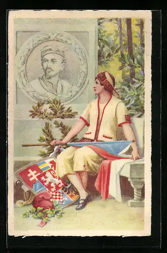 AK Frau mit Fahne und Wappen vor Portrait, Sokol