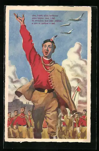 AK Winkender Turner bei Umzug mit Fahne, Sokol