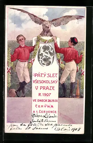 Künstler-AK Praze, Pátý slet Vsesokolský 1907, zwei Reiterinnen mit Blumengirlande und Adler