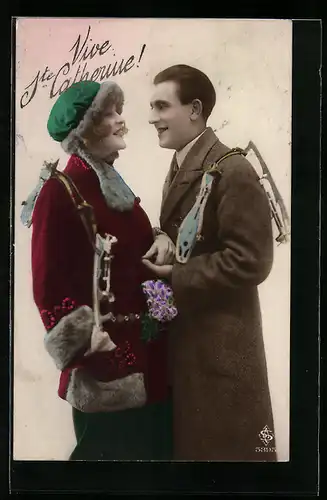 AK Ste. Catherine!, Liebespaar mit Schlittschuhen