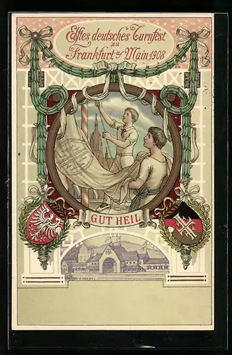 AK Frankfurt, Erstes deutsches Turnfest 1908, Turner mit Fahne, Wappen