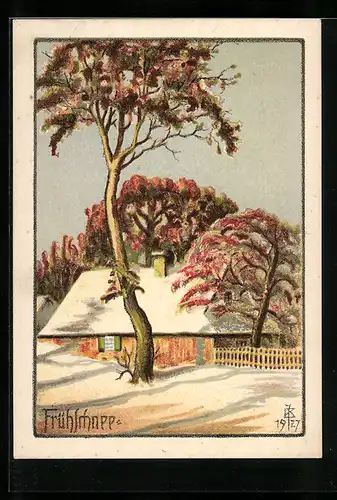 Künstler-AK sign. J. Brücke: Frühschnee, Haus im Schnee
