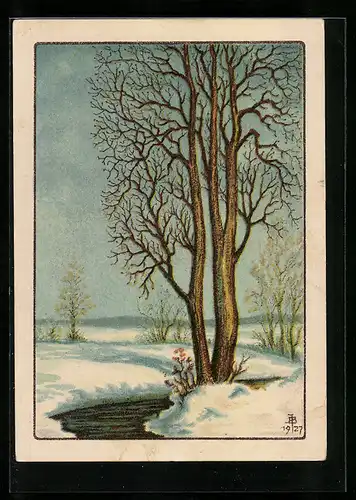 Künstler-AK sign. J. Brücke: Winterlandschaft mit Bach und Bäumen