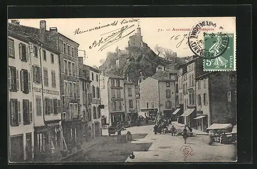 AK Champeix, Ladenstrasse mit Ortsleben