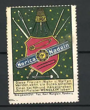 Reklamemarke Norica Nadeln, Firma Wenglein, Wappen mit Nadeln, Fingerhut und Sicherheitsnadel