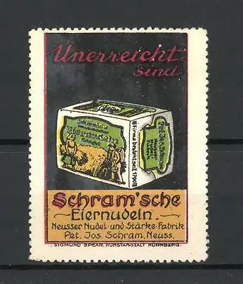 Reklamemarke Schram'sche Eiernudeln, Nudelfabrik Pet. Jos. Schram, Neuss, Nudelverpackung