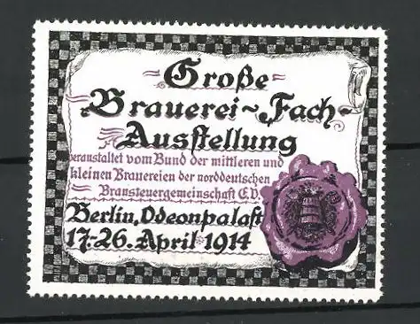 Reklamemarke Berlin, Grosse Brauerei-Fach-Ausstellung 1914, Siegel lila