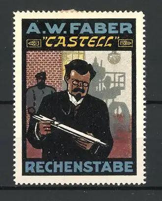 Reklamemarke Castell Rechenstäbe, A. W. Faber, Professor mit einem Rechenstab