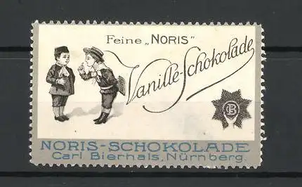 Reklamemarke Noris feinste Vanille-Schokolade, Carl Bierhals, Nürnberg, zwei Buben mit Schokolade