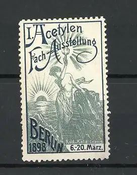 Reklamemarke Berlin, I. Ayetylen Fach-Ausstellung 1898, nackte Amazone mit Fackeln