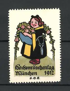 Künstler-Reklamemarke P. O. Engelhard, München, Heckenröschentag 1912, Münchner Kindl mit Heckenrosen