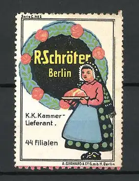 Reklamemarke Berlin, R. Schröter Delikatessen, Mädchen serviert Speise