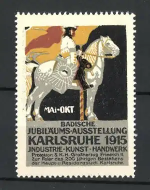 Reklamemarke Karlsruhe, Badische Jubiläums-Ausstellung 1915, Edelmann zu Pferd
