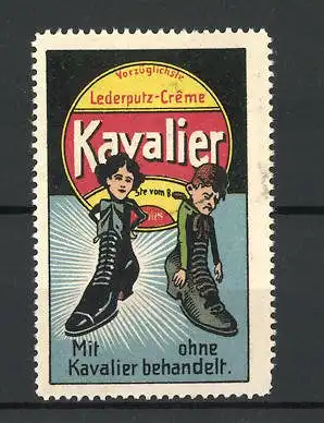 Reklamemarke Kavalier Schuhputz, vermenschlichte Schuhe mit und ohne Kavalier