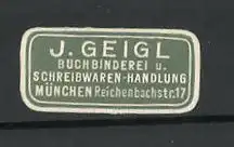 Reklamemarke München, Schreibwaren & Buchbinderei J. Geigl