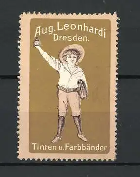 Reklamemarke Dresden, Tinten & Farbbänder, Aug. Leonhardi, Knabe mit Tintenfass