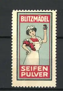 Reklamemarke Blitzmädel Seifenpulver, Hausfrau mit Schachtel