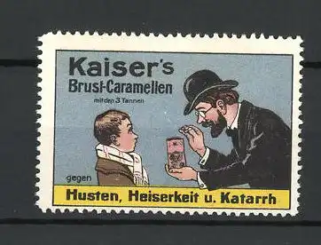 Reklamemarke Kaiser's Brust-Caramellen gegen Husten, Heiserkeit und Katarrh, Professor gibt einem Buben einen Bonbon