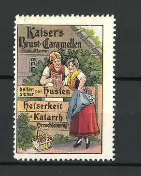 Reklamemarke Kaiser's Brust-Caramellen gegen Husten, Heiserkeit und Katarrh, Bäuerinnen am Gartenzaun