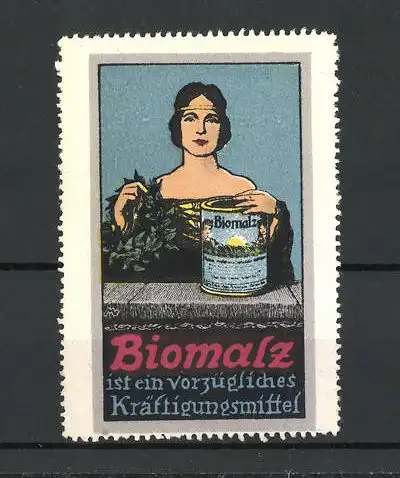 Reklamemarke Biomalz Kräftigungspräparat, Göttin mit Dose Biomalz