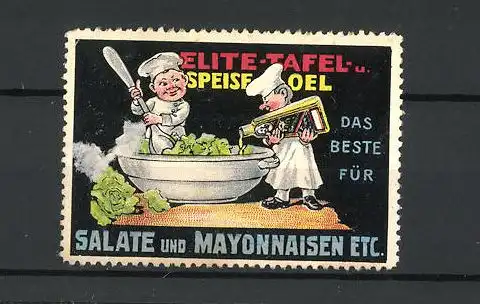 Reklamemarke Elite-Tafel- und Speiseoel, zwei Köche bereiten einen Salat zu