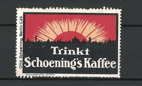 Reklamemarke Berlin, Otto Schoening Kaffee, Stadtsilhouette bei Dämmerung