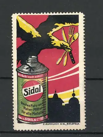 Reklamemarke Köln, Siegel & Co., Sidol Metall-Politur, Adler mit Besteck & Dose
