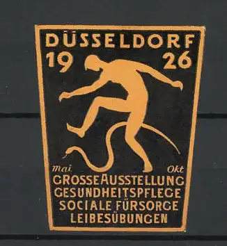 Präge-Reklamemarke Düsseldorf, Ausstellung für Gesundheitspflege & Leibesübungen 1926, Sportler & Schlange