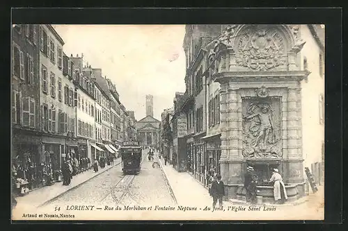 AK Lorient, Rue de Morbihan et Fontaine Neptune, Au fond, l'Eglise Saint Louis