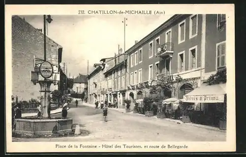 AK Chatillon-de-Michaille, Place de la Fontaine, Hôtel des Touristes et route de Bellegarde