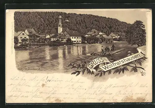 Lithographie Wolfratshausen, Teilansicht und Floss