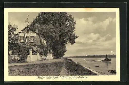 AK Gimbsheim, Uferpartie mit Restaurant Valent. Willius