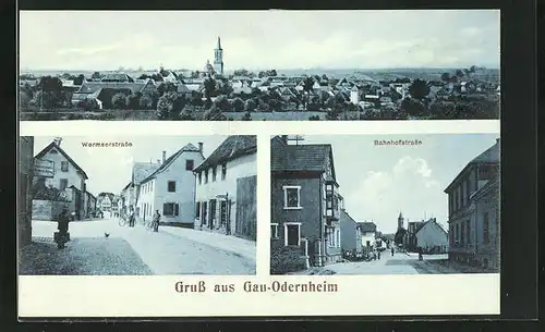 AK Gau-Odernheim, Warmserstrasse, Bahnhofstrasse und Ortspanorama
