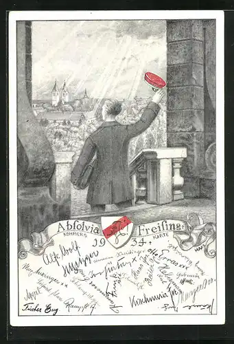Künstler-AK Freising, Absolvia 1934, Kommers-Karte