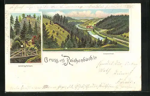 Lithographie Reichenbach i / V., Loreleyfelsen, Elsterthal