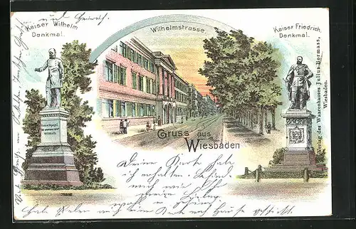 Lithographie Wiesbaden, Kaiser-Wilhelm-Denkmal, Wilhelmstrasse und Kaiser-Friedrich-Denkmal
