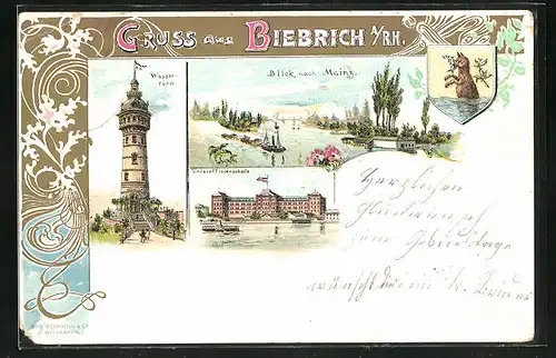 Lithographie Biebrich / Rhein, Blick nach Mainz, Wasserturm und Unteroffiziersschule