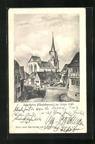AK Armsheim / Rheinhessen, Strassenpartie mit Kirche im Jahre 1840