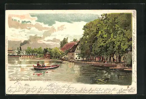 Lithographie Stegen / Ammersee, Blick über das Gewässer an das Ufer mit Dampfer und Boot