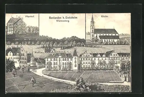 Künstler-AK Bonlanden /Württemberg, Pfarrhof, Kirche, Gesamtansicht