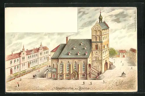 Lithographie Borna, Passanten an der Stadtkirche